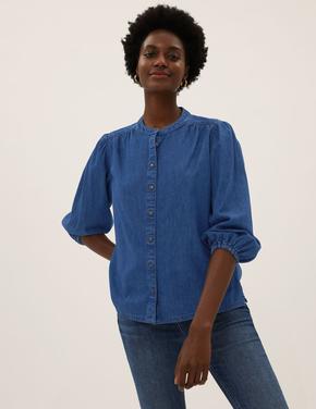 Kadın Mavi Saf Pamuklu Regular Fit Denim Gömlek