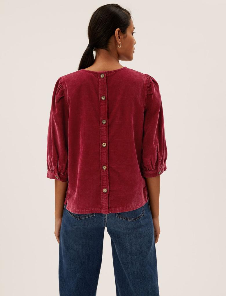 Kadın Kırmızı Saf Pamuklu Regular Fit Kadife Bluz