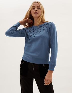Kadın Mavi İşleme Detaylı Yuvarlak Yaka Sweatshirt