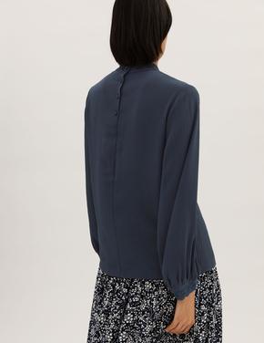 Kadın Lacivert Dantel Detaylı Uzun Kollu Bluz
