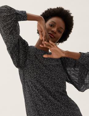 Kadın Siyah Puantiye Desenli Yuvarlak Yaka Bluz