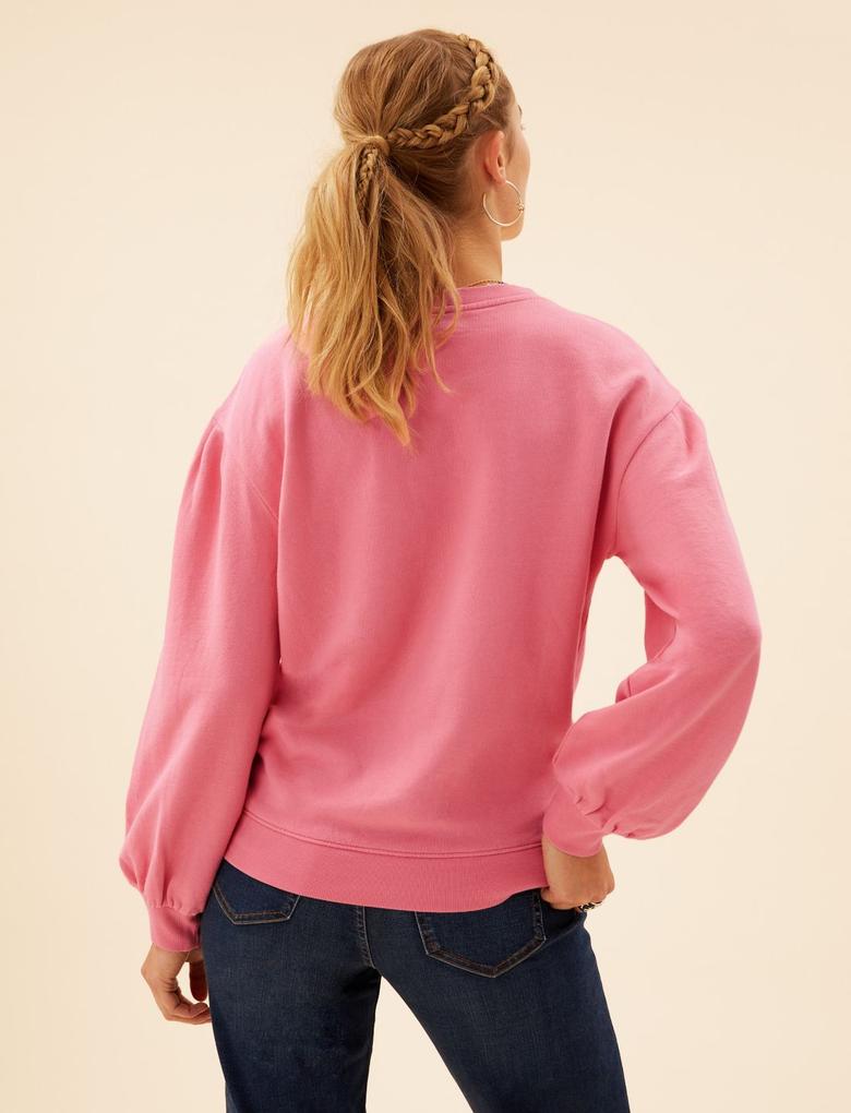 Kadın Pembe Saf Pamuklu İşleme Detaylı Sweatshirt
