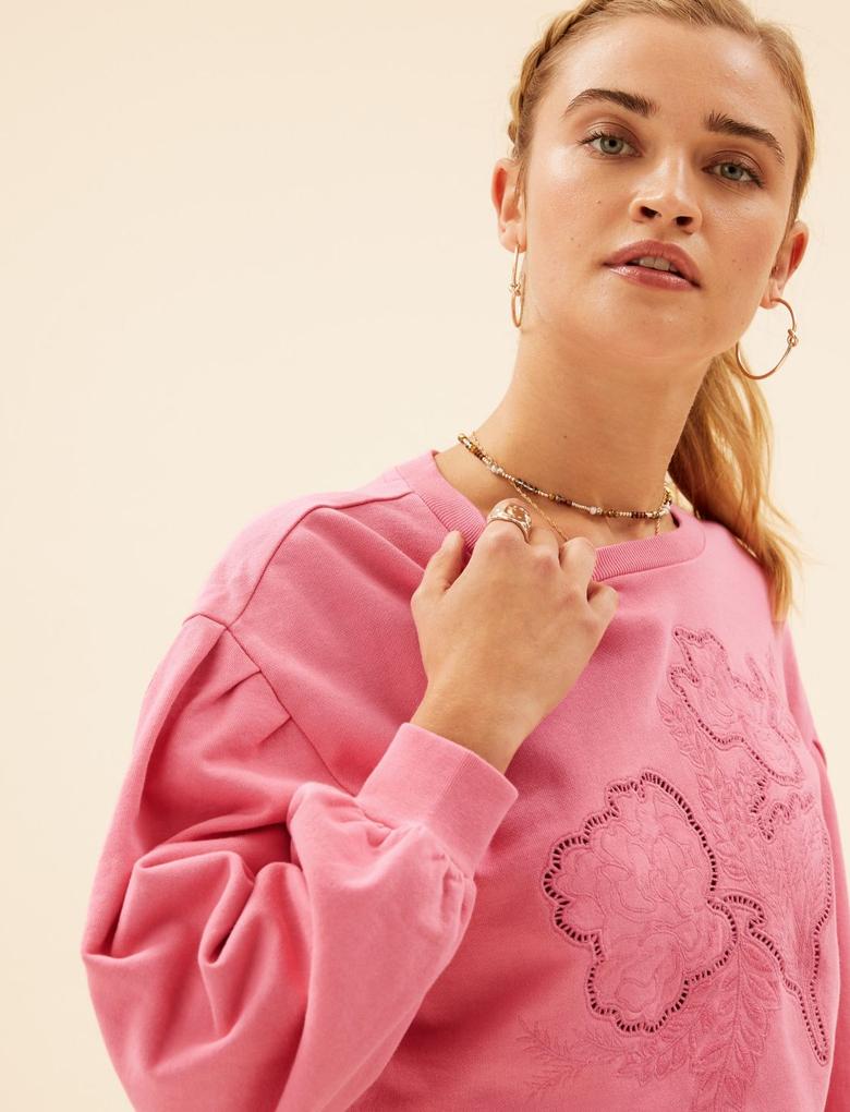 Kadın Pembe Saf Pamuklu İşleme Detaylı Sweatshirt