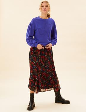 Kadın Mor Saf Pamuklu İşleme Detaylı Sweatshirt