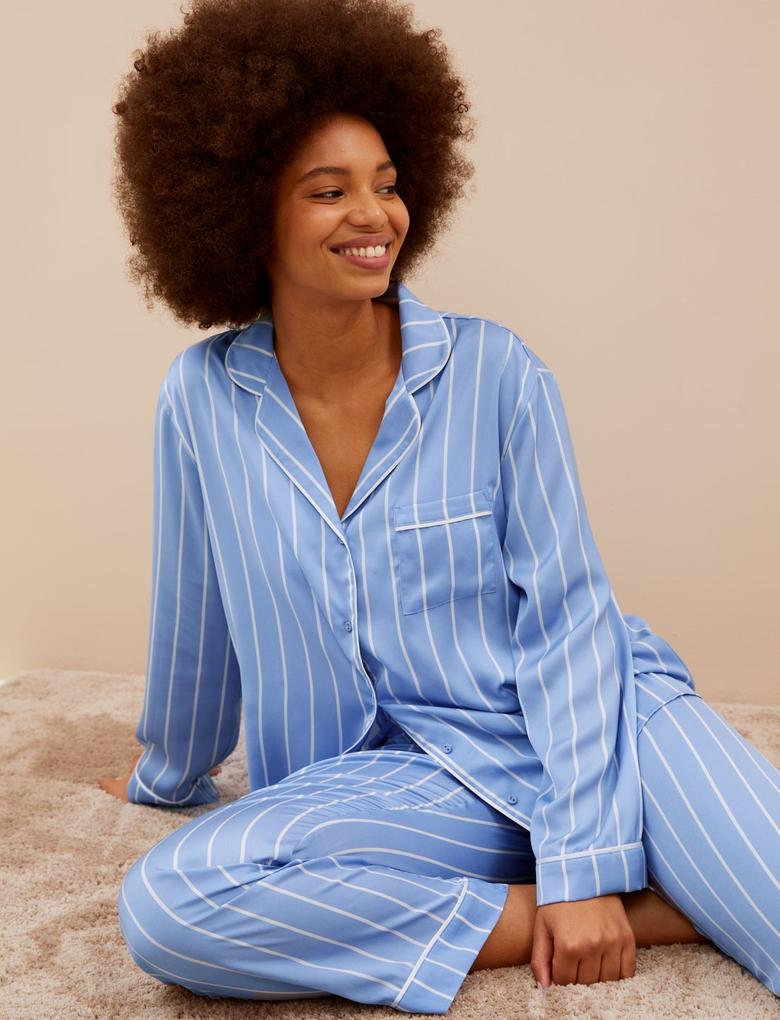 Kadın Mavi Dream Satin™ Çizgili Pijama Takımı
