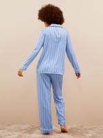 Kadın Mavi Dream Satin™ Çizgili Pijama Takımı