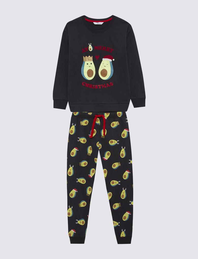 Çocuk Multi Renk Saf Pamuklu Yılbaşı Temalı Pijama Takımı