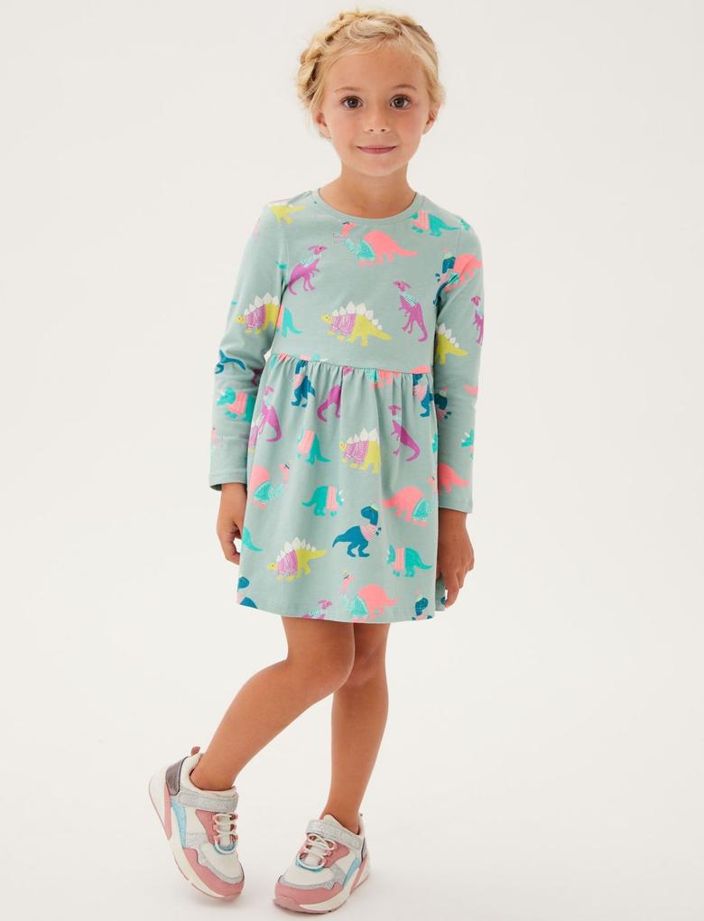 Kız Çocuk Mavi Saf Pamuklu Dinozor Desenli Elbise (2-7 Yaş)