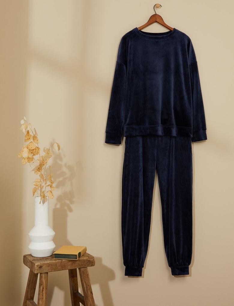 Kadın Lacivert Flexifit™ Kadife Pijama Altı