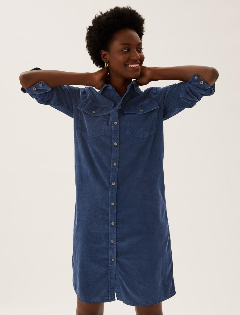 Kadın Mavi Saf Pamuklu Kadife Gömlek Elbise