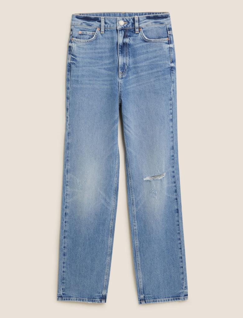 Kadın Mavi Yüksek Belli Straight Leg Jean Pantolon
