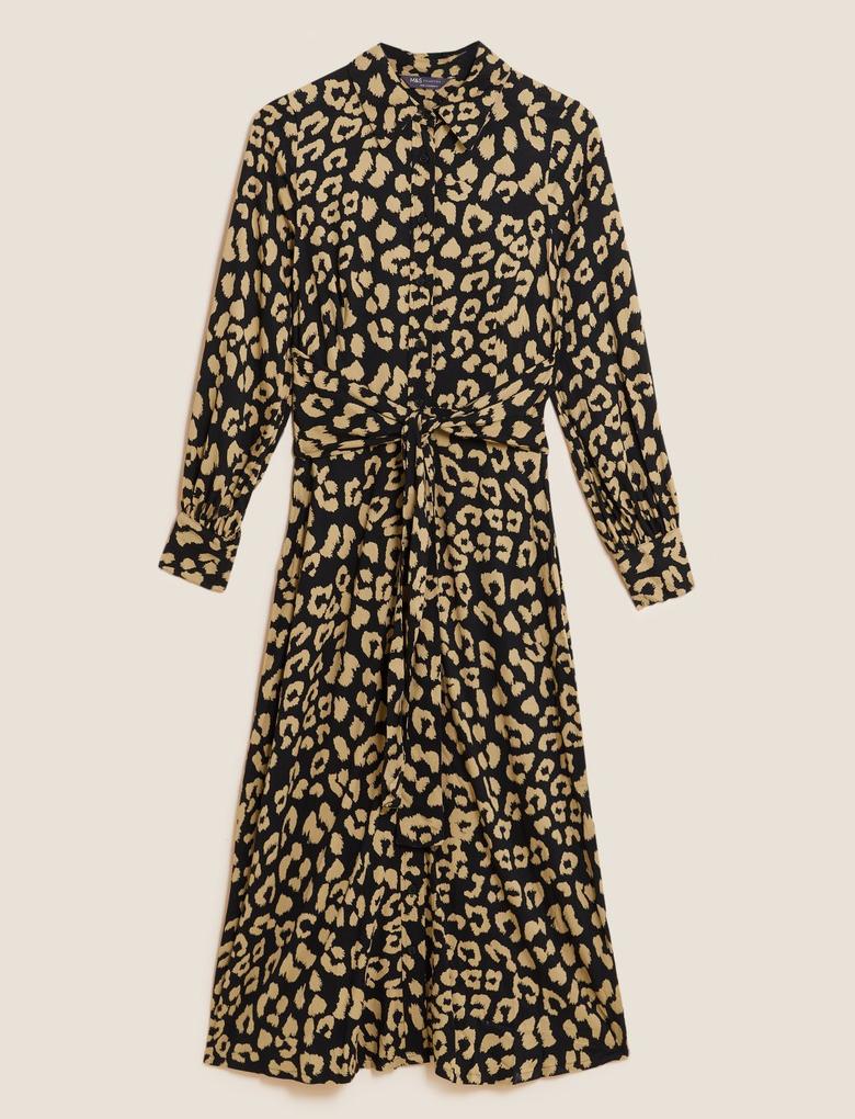Kadın Siyah Leopar Desenli Midi Gömlek Elbise