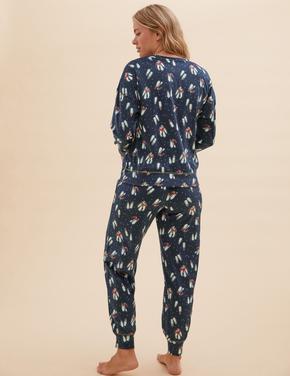 Kadın Lacivert Yılbaşı Temalı Polar Pijama Takımı