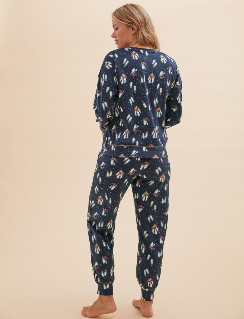 Kadın Lacivert Yılbaşı Temalı Polar Pijama Takımı