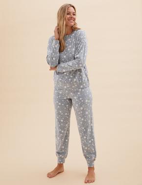 Kadın Gri Yıldız Desenli Polar Pijama Takımı