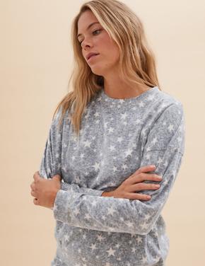 Kadın Gri Yıldız Desenli Polar Pijama Takımı
