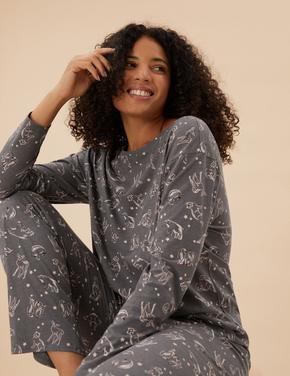 Kadın Gri Yıldız Desenli Pijama Takımı