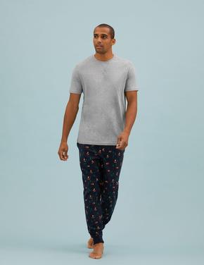 Erkek Gri Supersoft Grafik Desenli Pijama Takımı