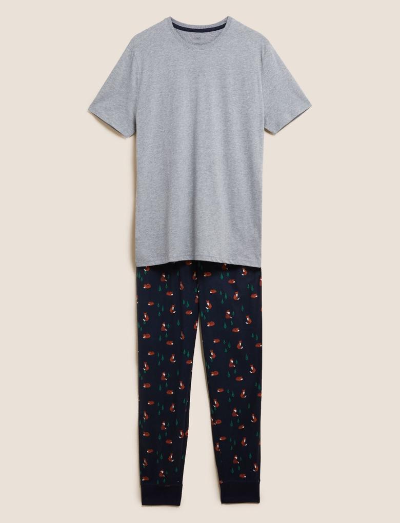 Erkek Gri Supersoft Grafik Desenli Pijama Takımı