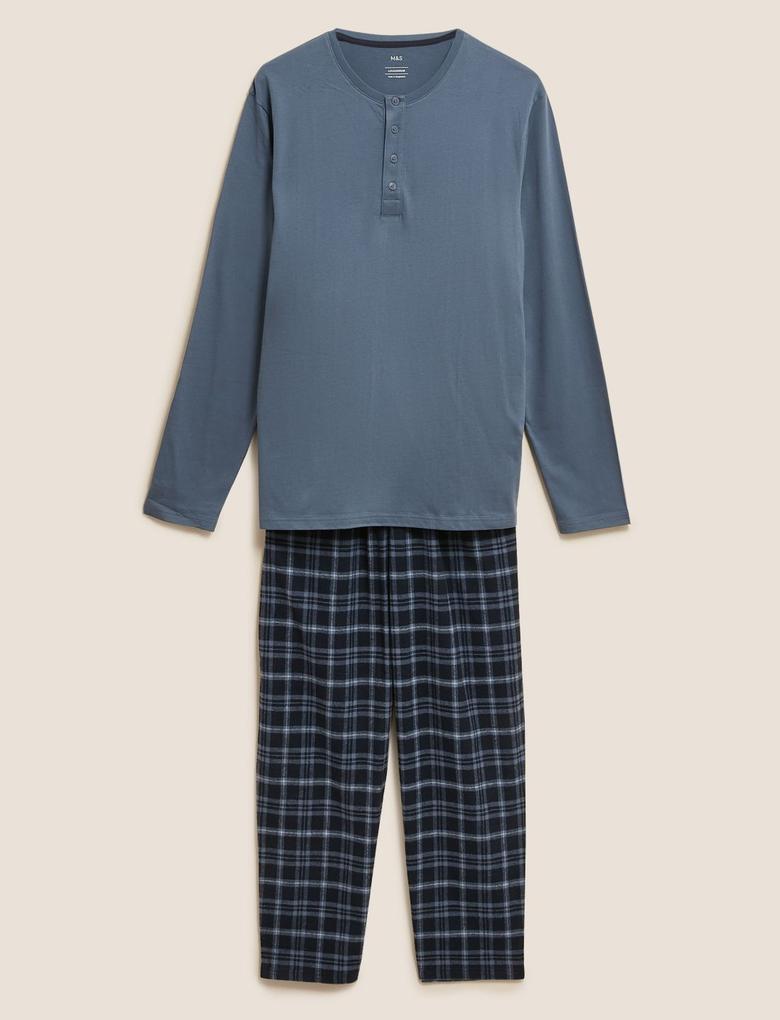 Erkek Mavi Saf Pamuklu Pijama Takımı