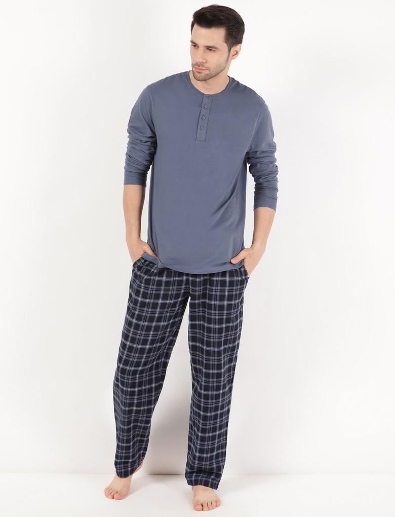 Erkek Mavi Saf Pamuklu Pijama Takımı