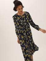 Kadın Siyah Çiçek Desenli Midi Elbise