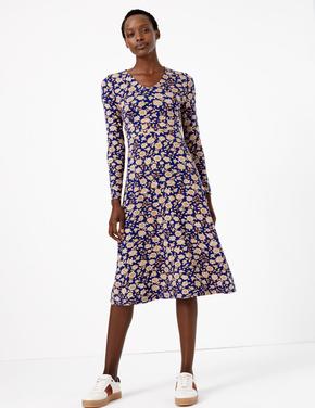 Kadın Mavi Çiçek Desenli Midi Elbise