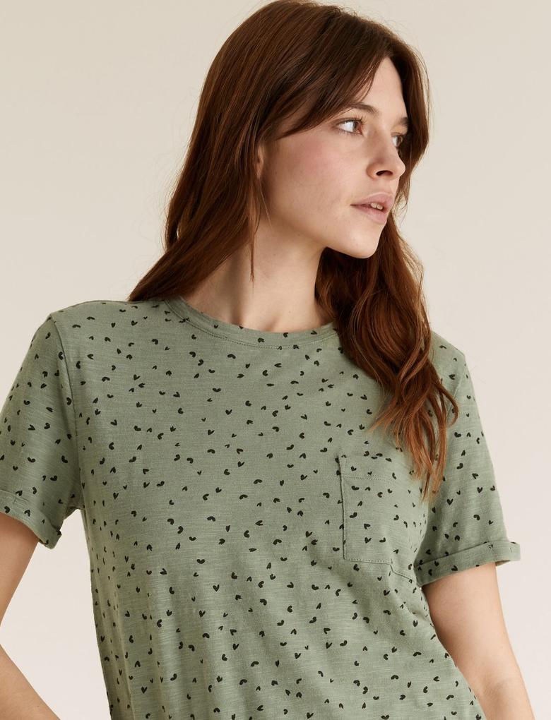 Kadın Yeşil Saf Pamuklu Grafik Desenli T-Shirt
