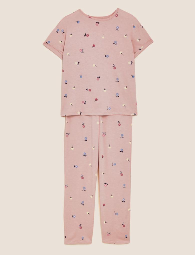 Kadın Pembe Çiçek Desenli Pijama Takımı