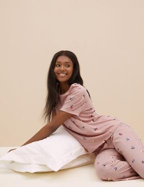 Kadın Pembe Çiçek Desenli Pijama Takımı