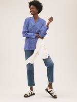 Kadın Mavi Geometrik Desenli Uzun Kollu Bluz