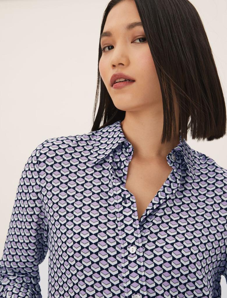 Kadın Mor Geometrik Desenli Uzun Kollu Gömlek