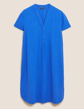 Kadın Mavi Regular Fit Kısa Kollu Keten Elbise