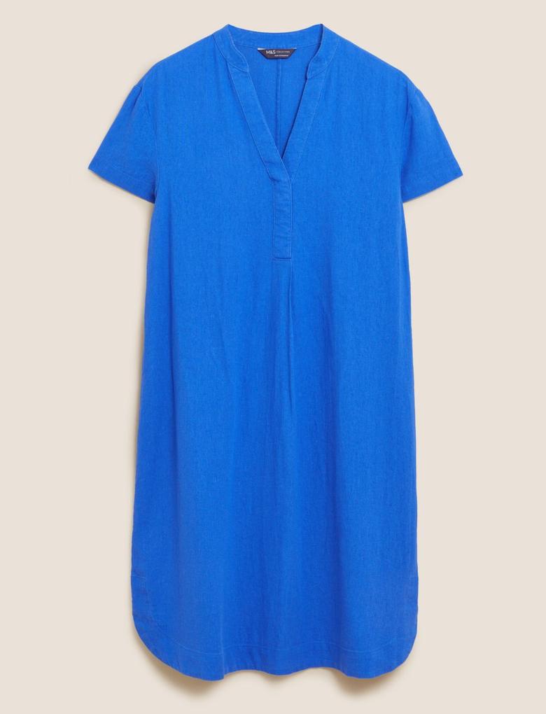 Kadın Mavi Regular Fit Kısa Kollu Keten Elbise