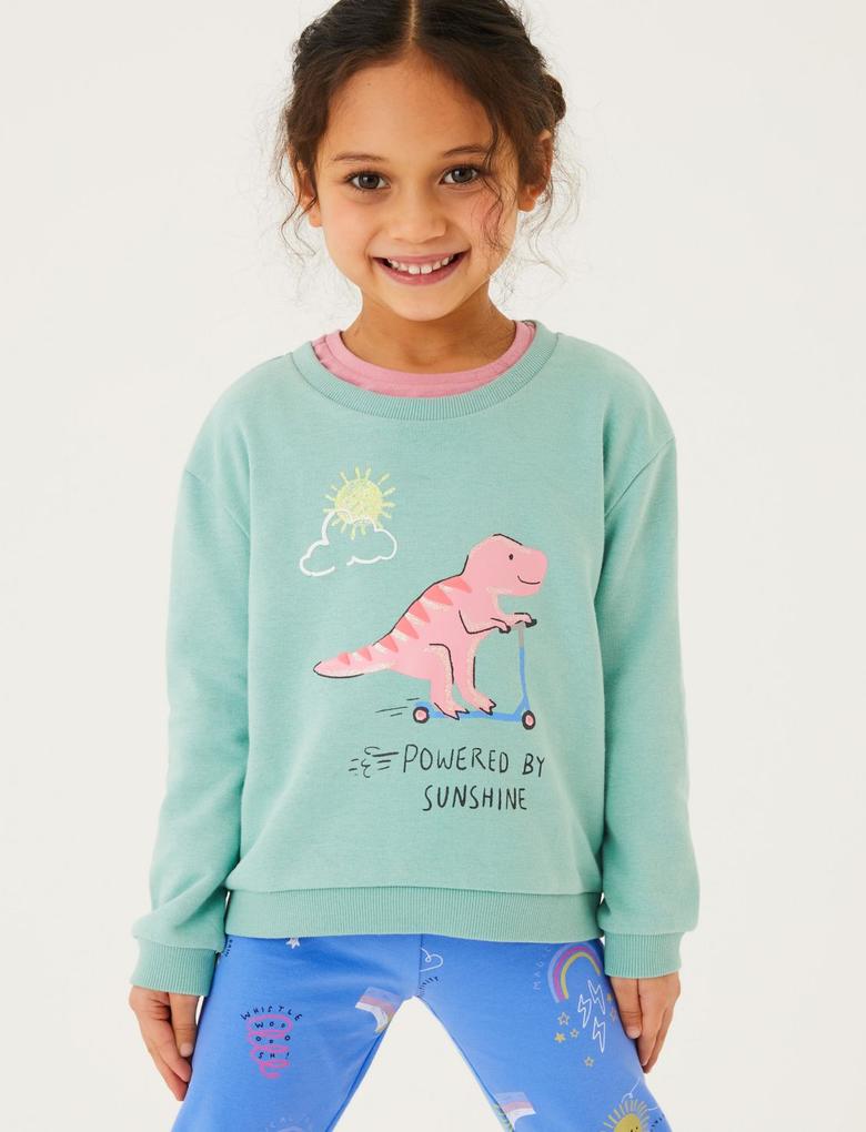 Kız Çocuk Yeşil Dinozor Desenli Yuvarlak Yaka Sweatshirt