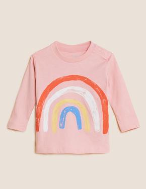 Bebek Pembe Saf Pamuklu Gökkuşağı Desenli T-Shirt (0-3 Yaş)