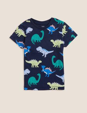 Erkek Çocuk Lacivert Saf Pamuklu Dinozor Desenli T-Shirt (2-7 Yaş)