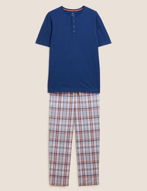 Erkek Lacivert Saf Pamuklu Kareli Pijama Takımı