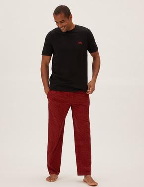 Erkek Kırmızı Saf Pamuklu Grafik Desenli Pijama Takımı