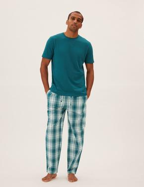 Erkek Mavi Saf Pamuklu Kareli Pijama Takımı