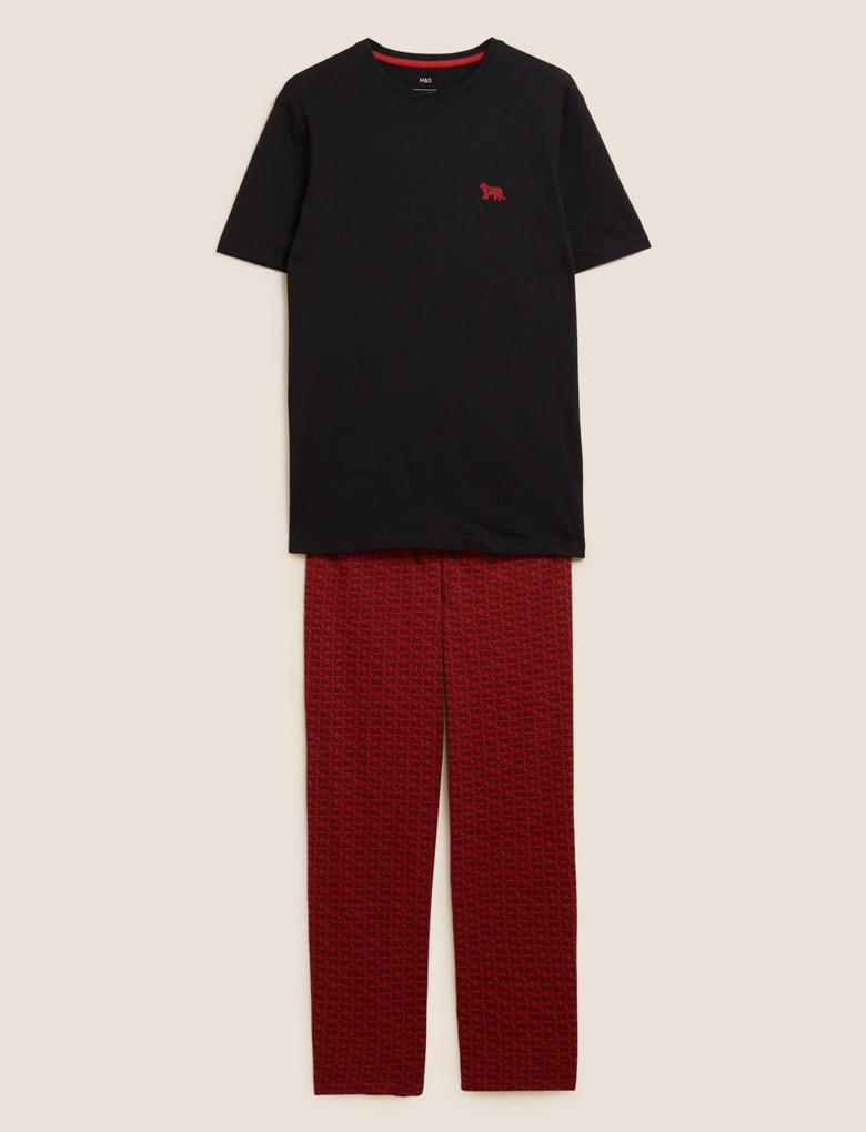 Erkek Kırmızı Saf Pamuklu Grafik Desenli Pijama Takımı