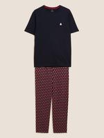 Erkek Lacivert Saf Pamuklu Grafik Desenli Pijama Takımı