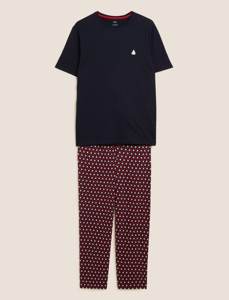 Erkek Lacivert Saf Pamuklu Grafik Desenli Pijama Takımı