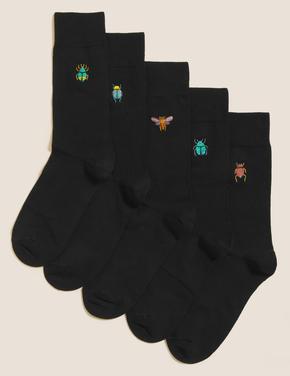 Erkek Siyah 5'li Cool & Fresh™ İşleme Detaylı Çorap Seti