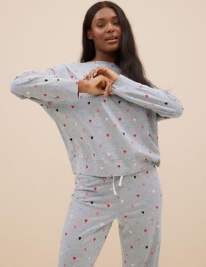Kadın Gri Kalp Desenli Uzun Kollu Pijama Takımı