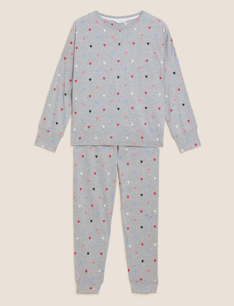 Kadın Gri Kalp Desenli Uzun Kollu Pijama Takımı