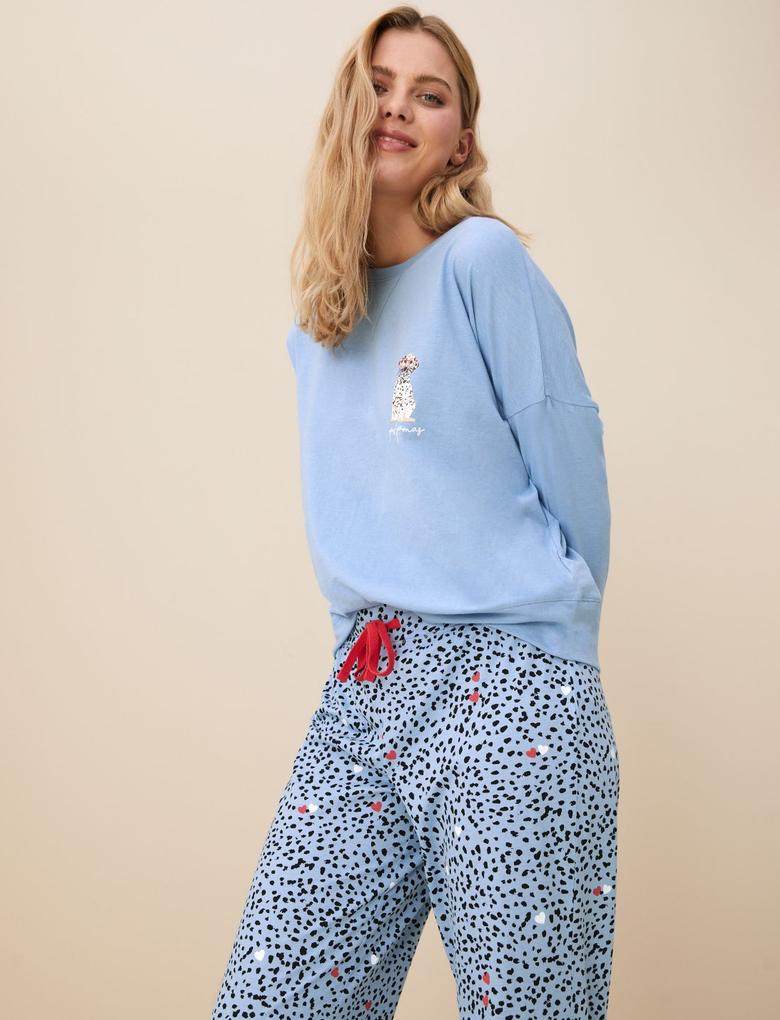 Kadın Mavi Leopar Desenli Uzun Kollu Pijama Takımı
