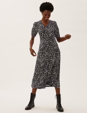 Kadın Siyah Leopar Desenli Midi Elbise