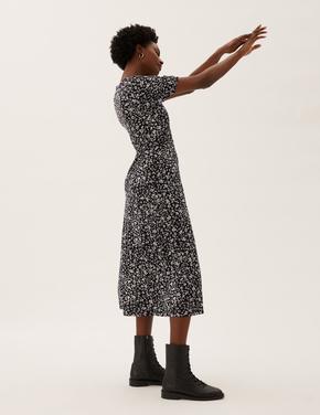 Kadın Siyah Leopar Desenli Midi Elbise