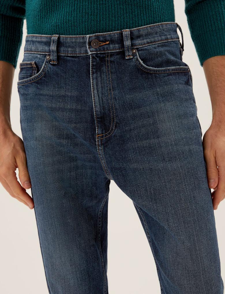 Erkek Mavi Tapered Fit Vintage Jean Pantolon